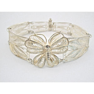 Vintage Butterfly Lacey Filigree Bracelet Silver Ornate 7"